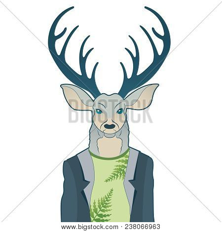 Fashion Portrait Of Hipster Deer. Reindeer Dressed Up In Coat, Furry Art Character, Trand Animals, A