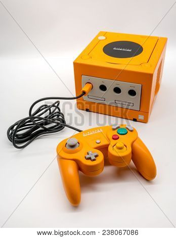 Bangkok, Thailand - March 7, 2018: Nintendo Gamecube Console In Orange Color, Vintage Portable Game 