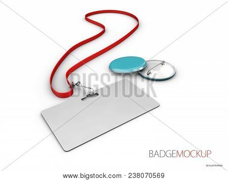 Blank White And Red Badges. Pin Button. 3d Illustration Realistic Mockup.