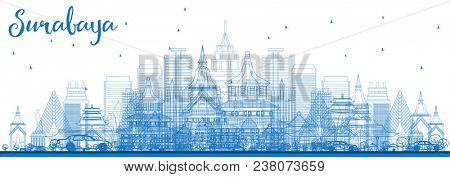 Outline Surabaya Skyline with Blue Buildings. Business Travel and Tourism Concept with Modern Architecture. Surabaya Cityscape with Landmarks.