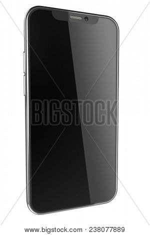 Modern smartphone with turned off screen with reflection isolated on white background. 3D rendering.