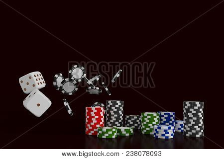 Casino Background Dice And Chips. White Dice And Chips On Black Background. Online Casino Concept Wi