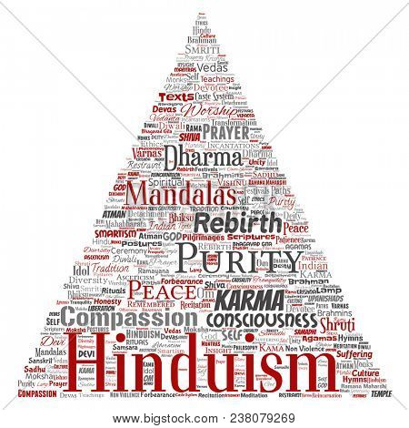 Conceptual hinduism, shiva, rama, yoga triangle arrow red word cloud isolated background. Collage of mandalas, samsara, celebration, tradition, peace, compassion, rebirth, karma, dharma concept