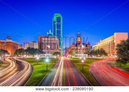 Dallas, Texas, USA skyline over Dealey Plaza.