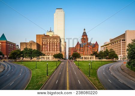 Dallas, Texas, USA skyline over Dealey Plaza.