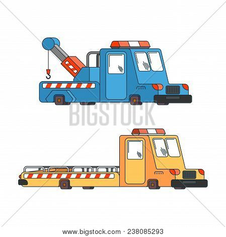Tow Truck Set. Wrecker For Evacuates Auto. Help On Road. Vector Illustration
