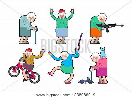 Cool Grandmother Set. Grandma Rock Hand Sign. On Bicycle And Dancing. With Gun And Cat. Old Lady In 