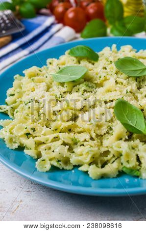 Traditional Italian Pasta With Pesto In A Plate On The Table. Selective Focus.
