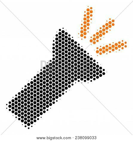 Halftone Hexagon Electric Torch Light Icon. Pictogram On A White Background. Vector Collage Of Elect