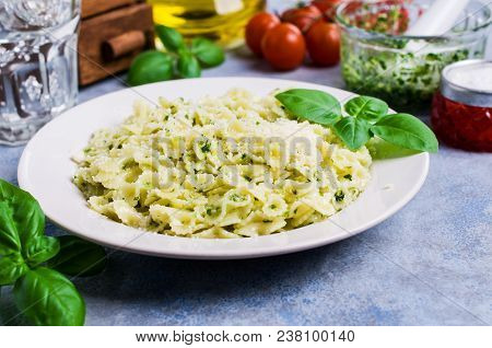 Traditional Italian Pasta With Pesto In A Plate On The Table. Selective Focus.