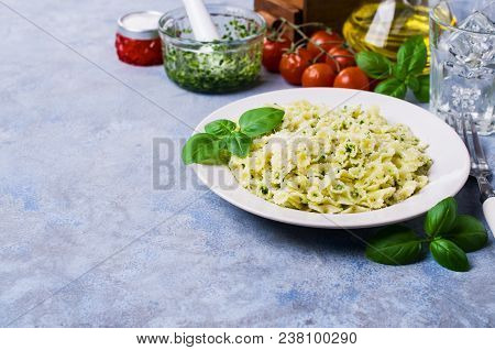 Traditional Italian Pasta With Pesto In A Plate On The Table. Selective Focus.