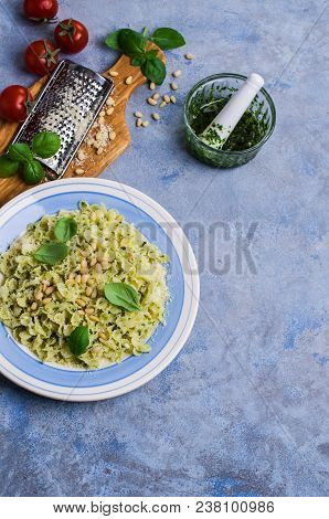 Traditional Italian Pasta With Pesto In A Plate On The Table. Selective Focus.