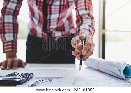 Workplace Items Tools For Project, Architect Or Engineer Working On Blueprint For Architectural Proj