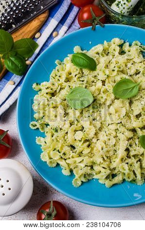 Traditional Italian Pasta With Pesto In A Plate On The Table. Selective Focus.