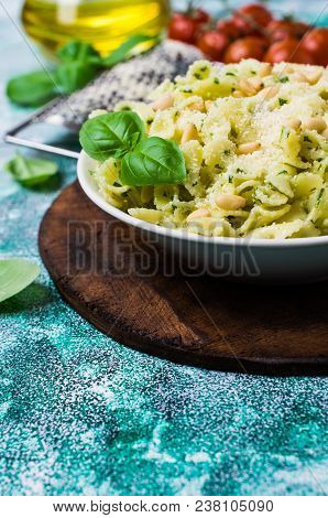 Traditional Italian Pasta With Pesto In A Plate On The Table. Selective Focus.