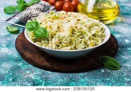 Traditional Italian Pasta With Pesto In A Plate On The Table. Selective Focus.