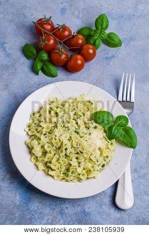 Traditional Italian Pasta With Pesto In A Plate On The Table. Selective Focus.