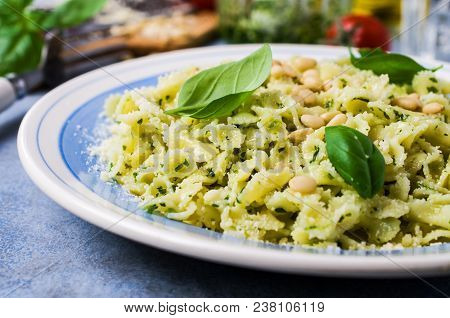 Traditional Italian Pasta With Pesto In A Plate On The Table. Selective Focus.