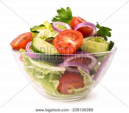Fresh Vegetable Salad In Glass Plate On A White Background, Close Up.
