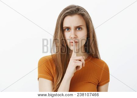 Keep Voice Down, Do Not Make Me Mad. Strict Serious European Girlfriend With Fair Hair, Frowning, Sa