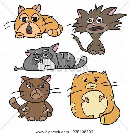 Cute Cat Characters Fat, Angry, Sleepy, Crazy, Sad Emotion. Set Of Vector Hand Drawn Style, Sketch C
