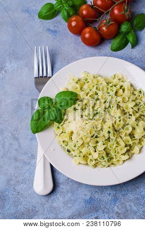 Traditional Italian Pasta With Pesto In A Plate On The Table. Selective Focus.