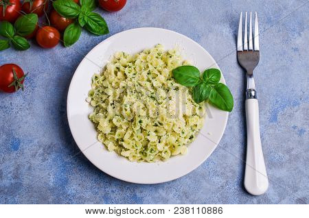 Traditional Italian Pasta With Pesto In A Plate On The Table. Selective Focus.