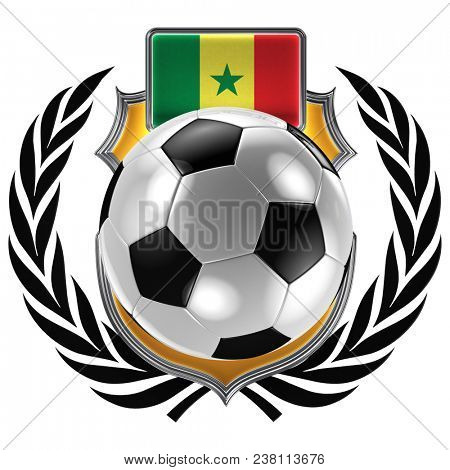 3D illustration of a soccer crest with the Senegalese flag and a soccer ball