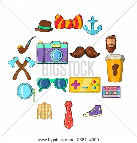 Hipster Icons Set In Cartoon Style Isolated On White Background