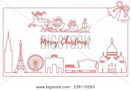 Santa Claus With Christmas Presents In Sleigh With Reindeers Over Famous Buildings And Constructions