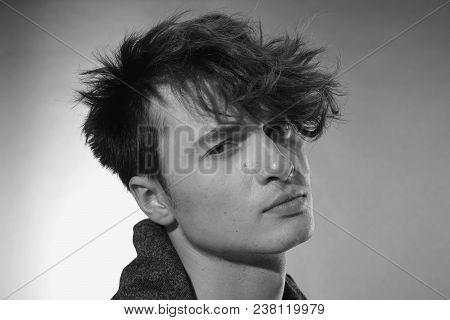 Man Face Close Up. Beautiful Young Guy With Long Forelock, Quiff. Black And White Handsome Male Port