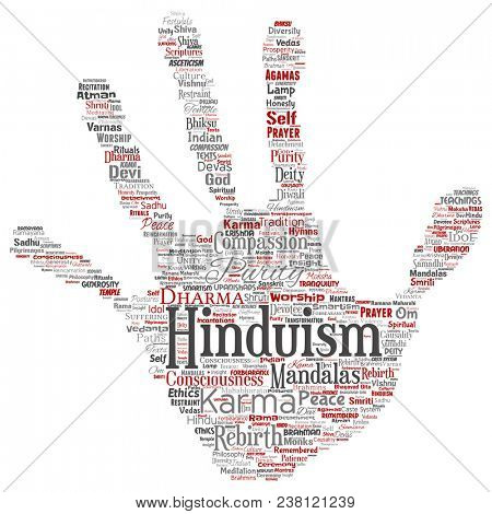 Conceptual hinduism, shiva, rama, yoga hand print stamp word cloud isolated background. Collage of mandalas, samsara, celebration, tradition, peace, compassion, rebirth, karma, dharma concept
