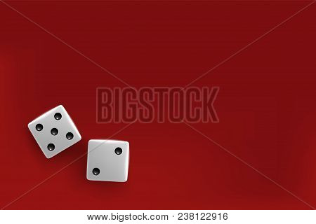 Top View Of White Dice. Casino Dice On Red Background And Place For Text.