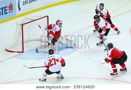 Kyiv, Ukraine - April 24, 2017: Hungarian Players (in White) Attack The Austrian Net During Their Ii