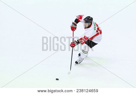 Kyiv, Ukraine - April 24, 2017: Kevin Wehrs Of Hungary In Action During Iihf 2017 Ice Hockey World C