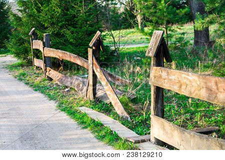 Curving Road Between Fields And Trees, Fence