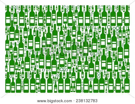 Filled Rectange Collage Of Wine Bottles And Circle Particles In Different Sizes And Green Colors. Ve