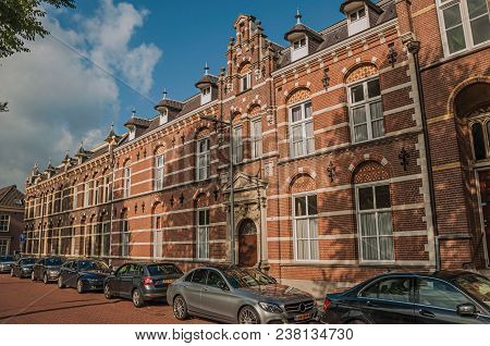 S-hertogenbosch, Southern Netherlands - July 01, 2017. Empty Street With Semidetached Brick Houses, 