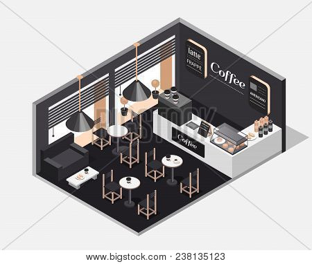 Vector Isometric Illustration Of Interior Of Coffee Shop. Coffee House With A Coffee Machine, Tables