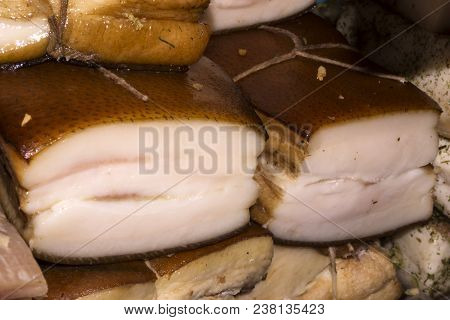 Smoked Pork Fatback With Skin On The Counter