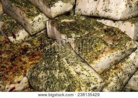 Salt Pork Fatback With Spicy Herbs On The Counter