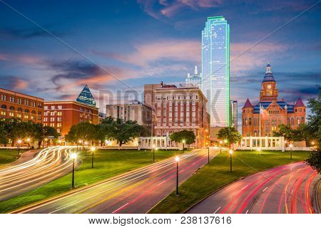 Dallas, Texas, USA skyline over Dealey Plaza.