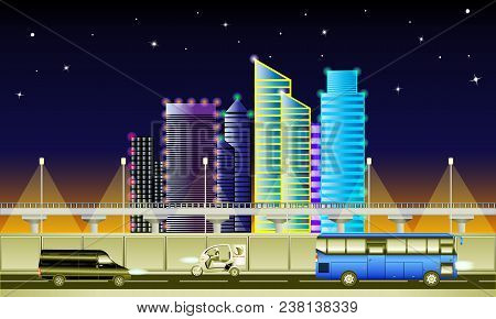 City Highway At Night. Bus, Minibus, Van, Motorcycle, Scooter, Motor Transport, Street, Road, Highwa
