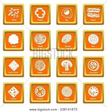 Slice Food Icons Set Vector Orange Square Isolated On White Background