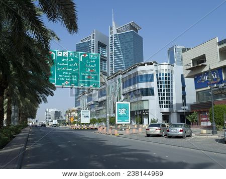 Mandatory De-tour Sign Caused By Metro Construction On Olaya And Tahlia Street Cross Roads In Riyadh