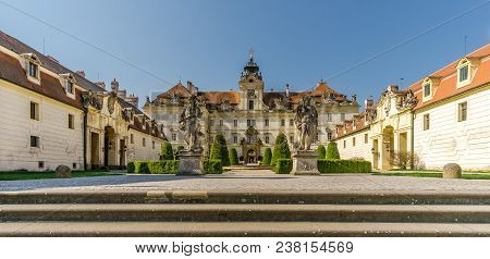Valtice, Czech Republic - April 19,2018 - View At The Valtice Castle. The Town Valtice Was Founded I