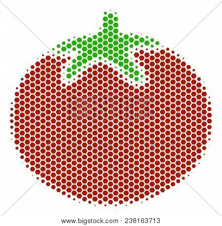 Halftone Hexagon Tomato Vegetable Icon. Pictogram On A White Background. Vector Pattern Of Tomato Ve