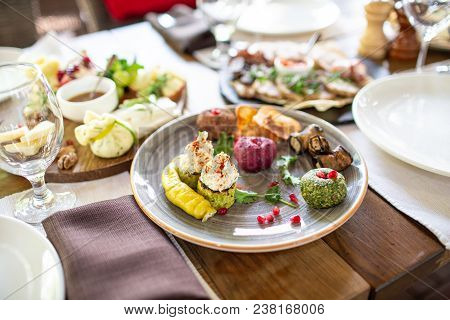 Pkhali Appetizers On Plate In Restaurant, Georgian Dish. Served Table Et The Restaurant