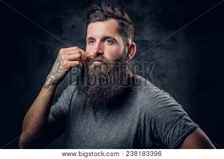Brutal Bearded Male With Tattoos On Arms Touches His Moustache Over Grey Background.