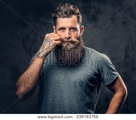 Brutal Bearded Male With Tattoos On Arms Touches His Moustache Over Grey Background.